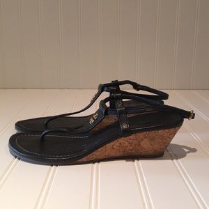 Tory Burch Black & Gold Leather Wedges sz 6.5
